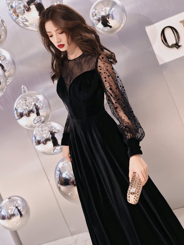 人気の海外デザイン 上品かわいいドットや刺繍のマキシ丈長袖ブラックドレス ワンピース XS～3L
