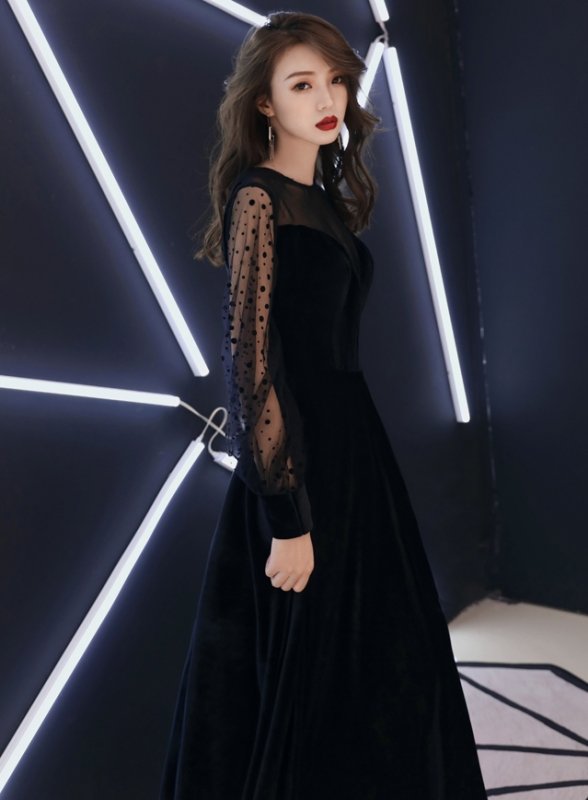 人気の海外デザイン 上品かわいいドットや刺繍のマキシ丈長袖ブラックドレス ワンピース XS～3L