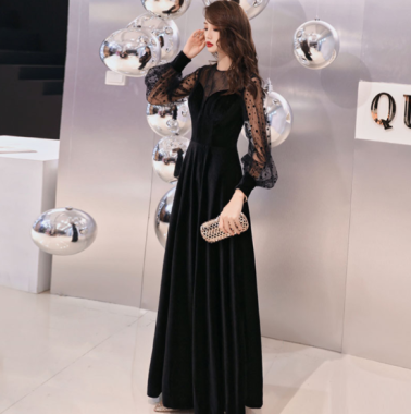 人気の海外デザイン 上品かわいいドットや刺繍のマキシ丈長袖ブラックドレス ワンピース XS〜3L