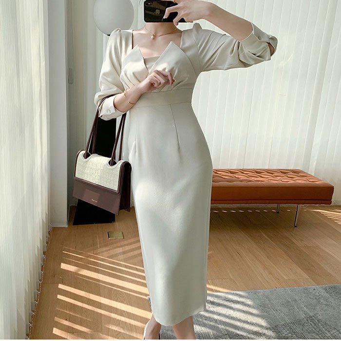 【即納】シンプルエレガントなお呼ばれドレス スタイリッシュなハイウエストのロング丈きれいめワンピース 2色 -  韓国プチプラパーティードレス通販『TENDERLY DRESS』