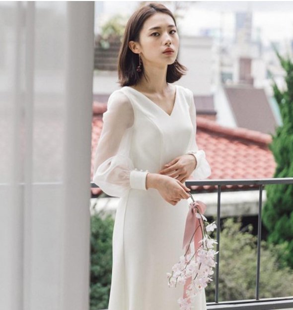 上品かわいい異素材ミックス シアースリーブのマキシ丈長袖きれいめ白ワンピース ドレス XS～3L