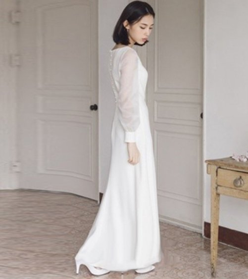 上品かわいい異素材ミックス シアースリーブのマキシ丈長袖きれいめ白ワンピース ドレス XS～3L
