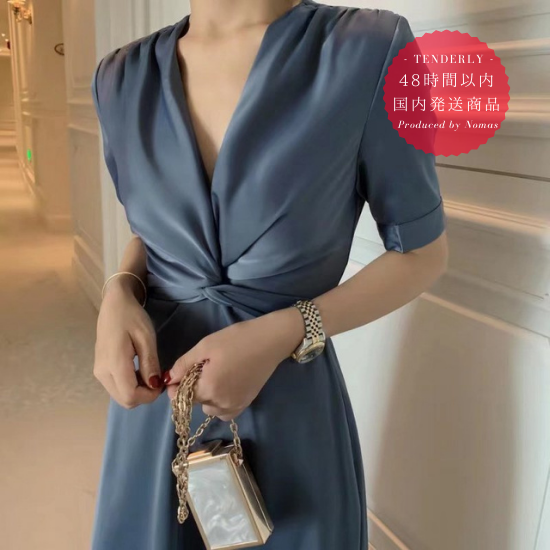 【即納】シンプルエレガントなきれいめスタイル ウエストツイストの袖ありワンピース ドレス 4色 - 韓国プチプラパーティードレス通販『TENDERLY  DRESS』