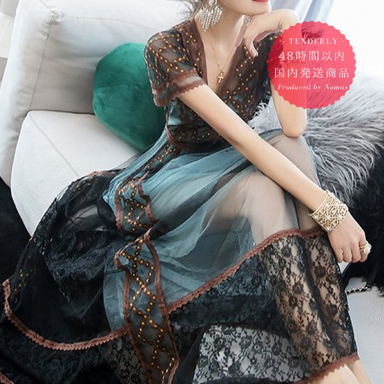 【即納】個性的でおしゃれな海外デザイン アジアンテイストのロング丈半袖レースMIXワンピース ドレス S～3L -  韓国プチプラパーティードレス通販『TENDERLY DRESS』
