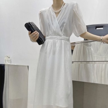 スタイリッシュな海外デザイン シフォンギャザーのロング丈パフスリーブワンピース ドレス 3色