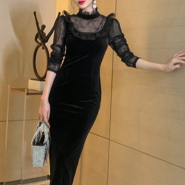人気のブラックドレス スタンドカラーのロング丈袖ありシアーミックスタイトワンピース