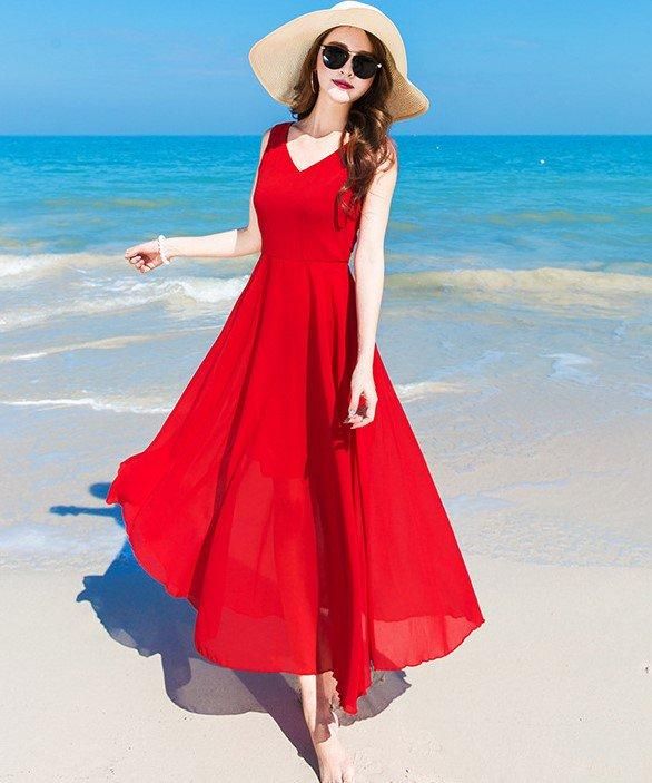 ざっくりVネックのロング丈ノースリーブシフォンワンピース フレ