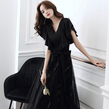 360度おしゃれな人気スタイル チュールミックスのマキシ丈切り替えフレア黒ドレス ワンピース XS〜3L