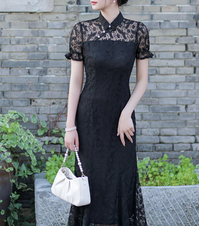 新品 M ドレス パーティー 黒 結婚式 ワンピース 総レース 人気 韓国