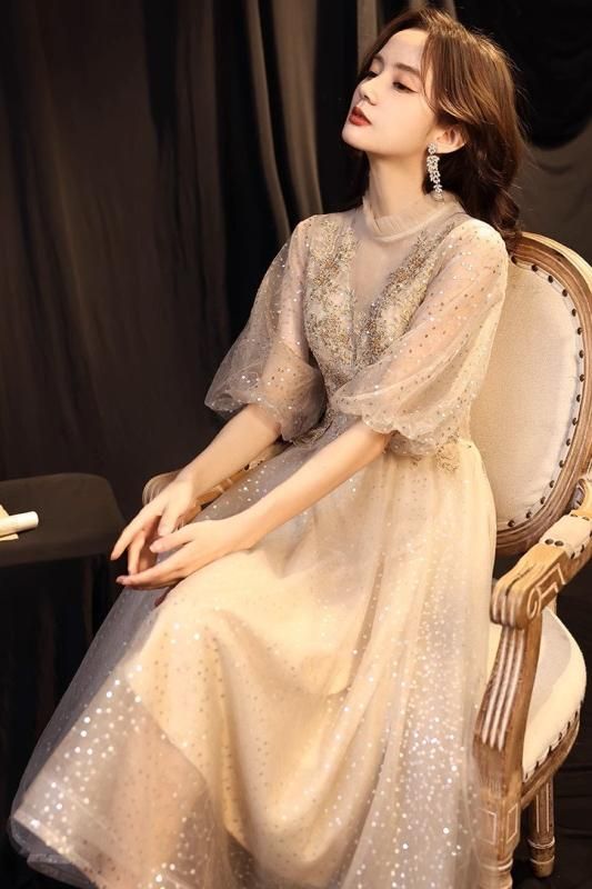 ドレス シアー スパンコール ハイネック ロング丈 Iライン タイト 長袖 大人 二次会 お呼ばれ パーティー -  6,000円以上お買い上げで送料無料　マノンデザイン