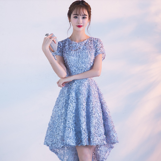 ワンピ パフスリーブ フラワー フィッシュテールロングドレス 青 シルエットが美しいフィッシュテールのロング丈フレアドレス