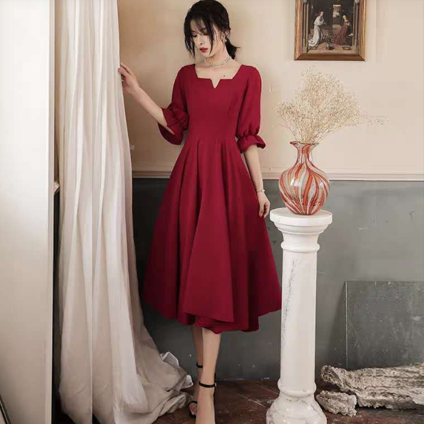 レッド ロング ワンピース ドレス フレア M~5L キャンディースリーブのロング丈フレアワンピース