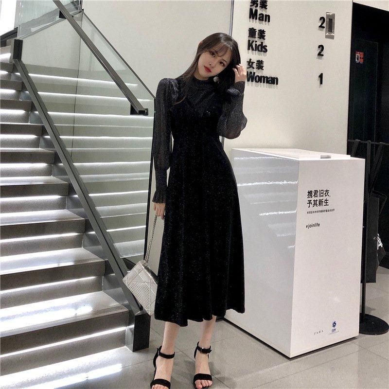 シアーミックス ロング丈バルーンスリーブ長袖ワンピース