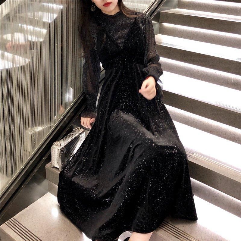 シアーミックス ロング丈バルーンスリーブ長袖ワンピース