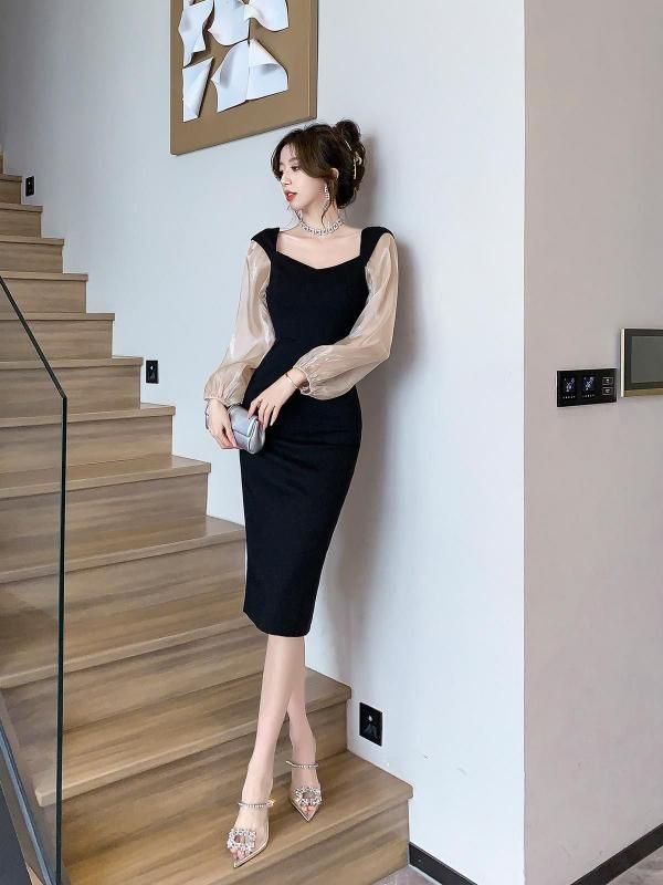 シアースリーブのミモレ丈長袖バイカラーワンピース オケージョンドレス