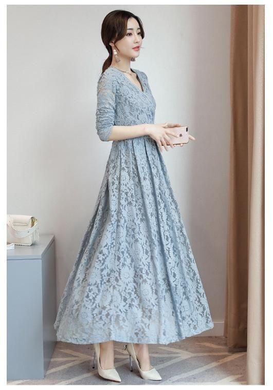 花柄レースのVネック長袖ロングワンピース オケージョンドレス 色 M～3L