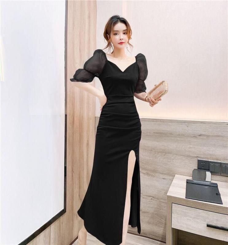 シアーパフスリーブ ロングスリットのマキシ丈タイトドレス 2色