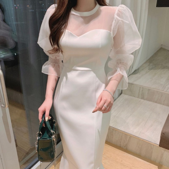 韓国風シアースリーブマーメイドパーティードレスセクシー系 即納】人気のきれいめコーデ シアースリーブのロング丈長袖