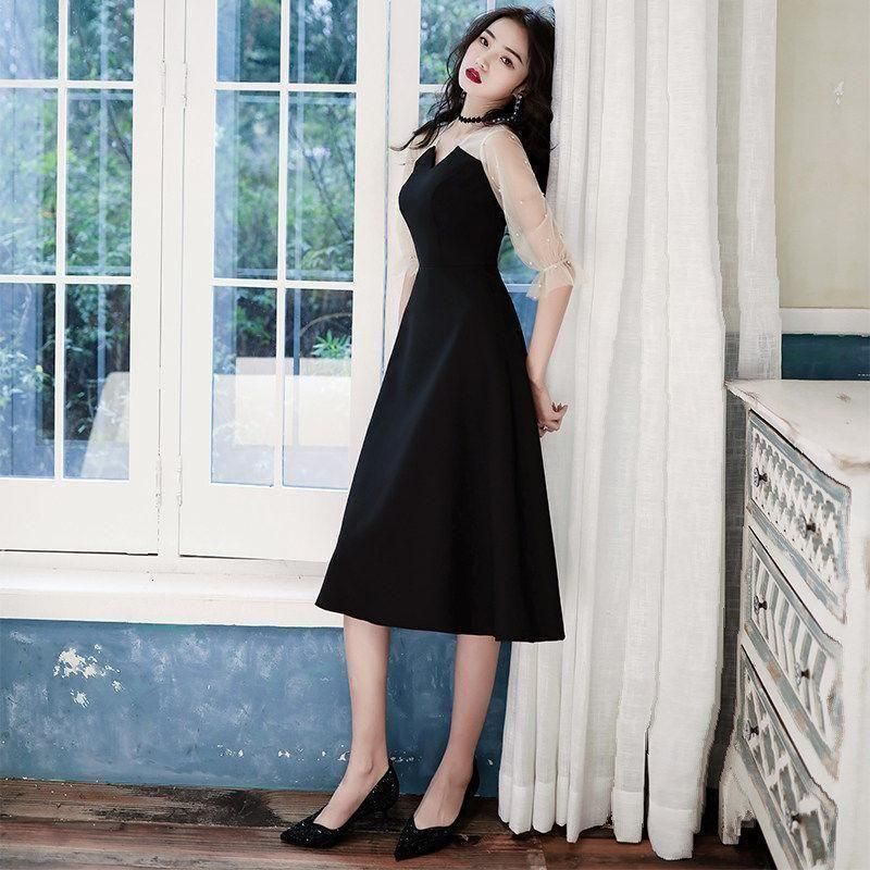 即納】人気の海外デザイン パール付きシフォン袖のミモレ丈バイ