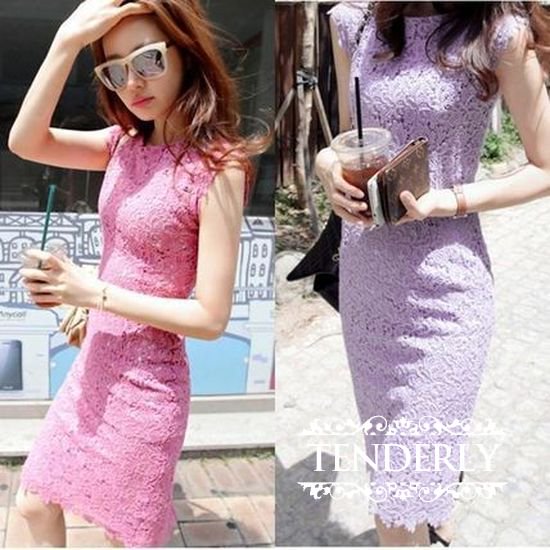 セクシーレース ノースリーブスキニーワンピース 白 ピンク 紫 韓国プチプラパーティードレス通販 Tenderly Dress