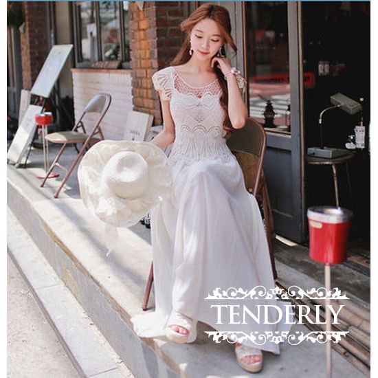 レースコンビ♪　2ピースマキシ丈ワンピース 白 - 韓国プチプラパーティードレス通販『TENDERLY DRESS』