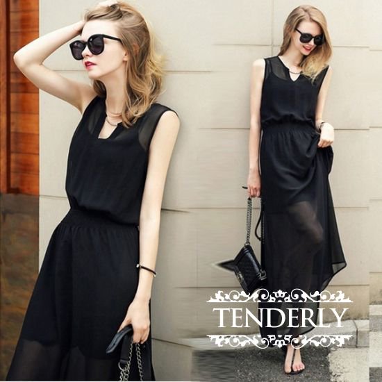 ｖネックシフォンウエスト絞りマキシワンピース 黒 韓国プチプラパーティードレス通販 Tenderly Dress