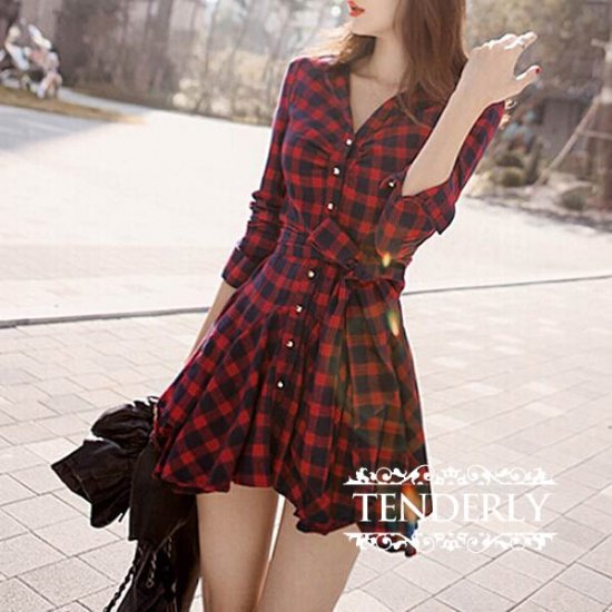 ウエスト絞りでガーリーなXライン♪長袖チェックシャツワンピ - 韓国プチプラパーティードレス通販『TENDERLY DRESS』