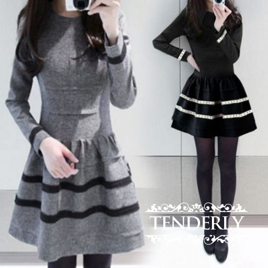 シンプルボーダーライン ａラインがキレイな長袖ワンピース グレー 黒 韓国プチプラパーティードレス通販 Tenderly Dress