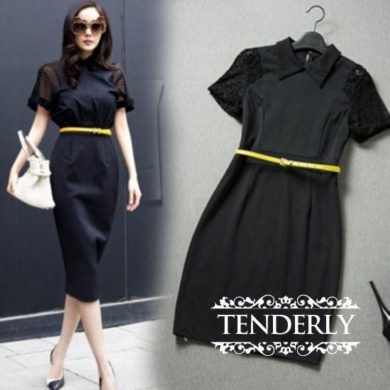 袖レース切替 差し色ウエストベルトがキュートなワンピース 韓国プチプラパーティードレス通販 Tenderly Dress 袖レース切替 差し色ウエストベルトがキュートなワンピース 韓国プチプラパーティードレス通販 Tenderly Dress