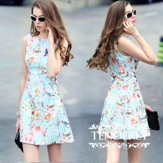 爽やかな花柄 定番aラインのミニワンピース 水色 韓国プチプラパーティードレス通販 Tenderly Dress