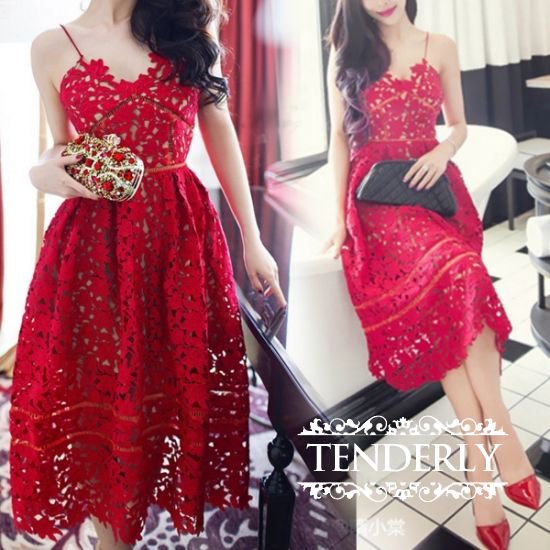 ゴージャスな総レース ドレスワンピース 赤 韓国プチプラパーティードレス通販 Tenderly Dress