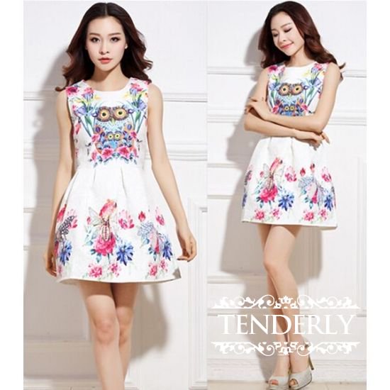個性的 華やかなアニマルプリント ノースリ ミニワンピース 白 韓国プチプラパーティードレス通販 Tenderly Dress