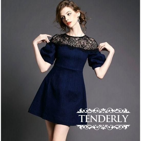 大人可愛いシックなデニム素材 レース切替レトロワンピース 韓国プチプラパーティードレス通販 Tenderly Dress