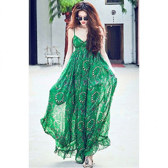 ボヘミアンプリント シースルー感が綺麗なリゾートマキシワンピース 緑 韓国プチプラパーティードレス通販 Tenderly Dress