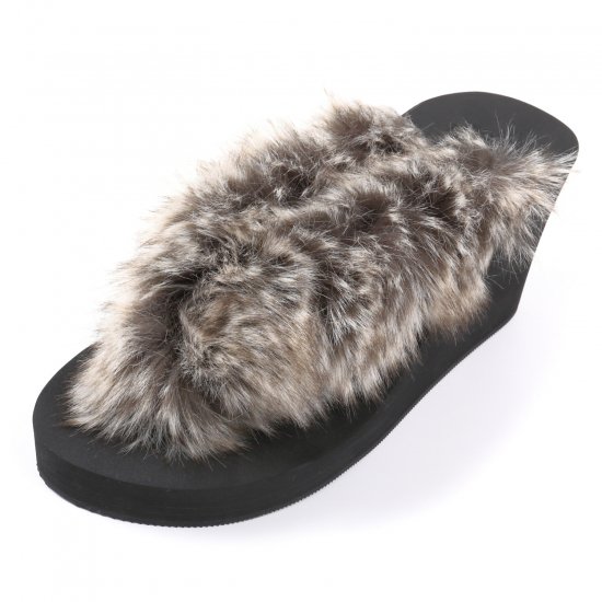 Mix fur sandal Wedge heel / Black（グレーミックスファー・ブラック） - PUPUTIER