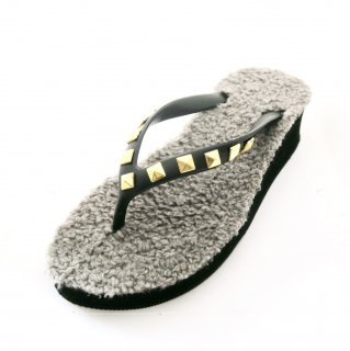 Studs square fur sole sandal Low heel /  Blackʥåե롦֥å