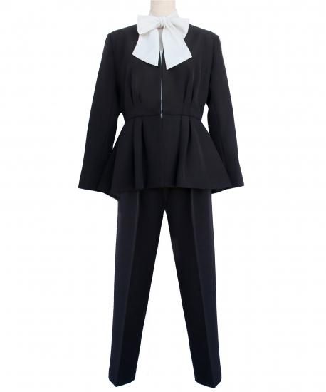 ノーカラーウエストタックペプラムパンツスーツ3点セット