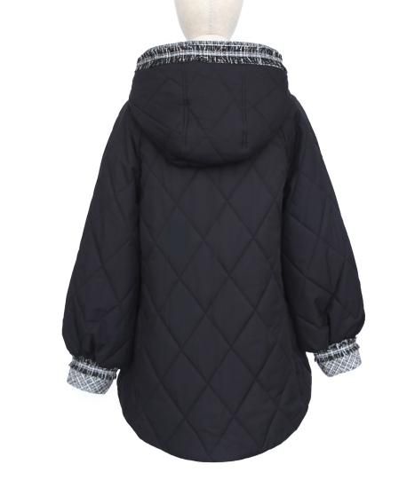 ライトサーモツイードコンビフーディキルティングコート「D1146