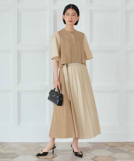 バイカラーシャツプリーツ半袖ワンピース「CU1378」