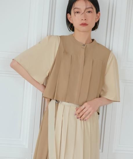 バイカラーシャツプリーツ半袖ワンピース「CU1378」