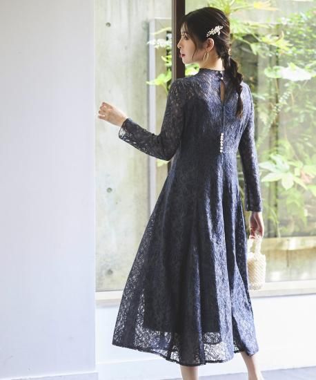 配色レースフレアワンピースドレス「U1435」