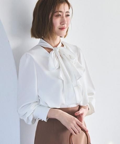 洗える】アシンメトリーフリルボウタイブラウス 「T1473」