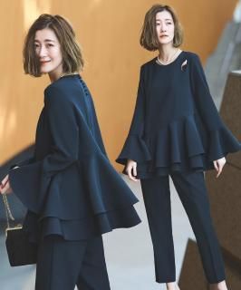 ダブルフレアペプラムルトップス＆パンツセットアップ 「PA1463」