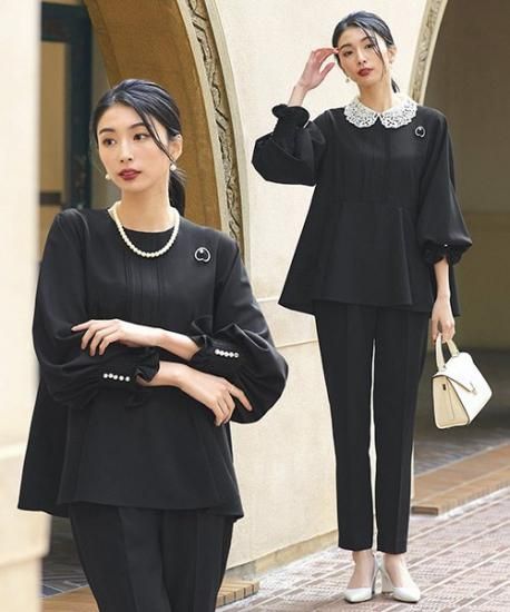 2WAYレース襟付きペプラムトップス＆テーパードパンツ