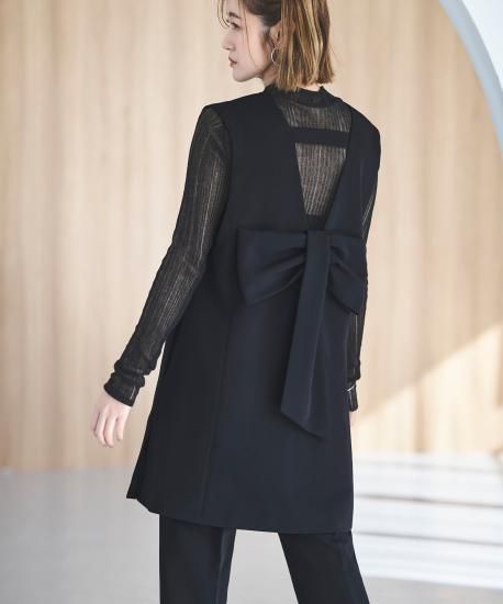 ルイルエブティック RUIRUE BOUTIQUE Vネックバックリボンジレ＆テーパードパンツセット（ネイビー） ルイルエブティック RUIRUE BOUTIQUE Vネックバックリボンジレ