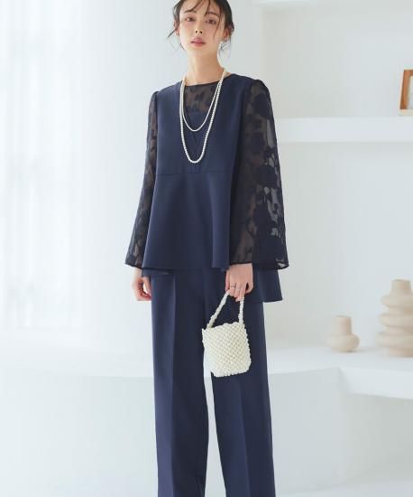 ルイルエブティック RUIRUE BOUTIQUE 【ストレッチ】華やぎセットアップドレス シアーカットジャカードトップス/セミワイドパンツ （ブラッ ストレッチ】華やぎセットアップドレスシアーカットジャカード