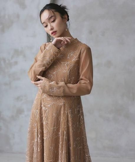 ホールドカラーフレアワンピース 配色刺繍フレアワンピースドレス「U1471」