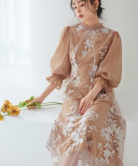 チュール刺繍切り替えタックワンピースドレス「U1512」