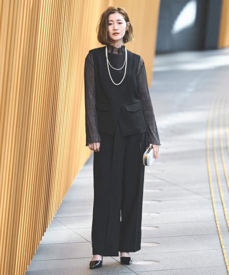 フロントスリットジレ＆ラメトップス＆タックワイドパンツ3点