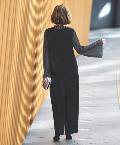 【3点SET】フレアシアートップ+タイリボンテーラードジレ+フロントスリットPT オケージョンドレス 結婚式 ストレッチ ｜ フロントスリット ジレ